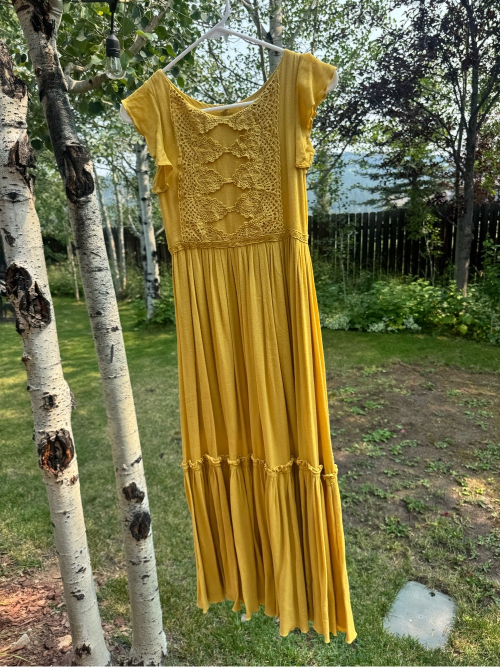 Joyfolie Mustard Yellow Crochet-Front Maxi Dress